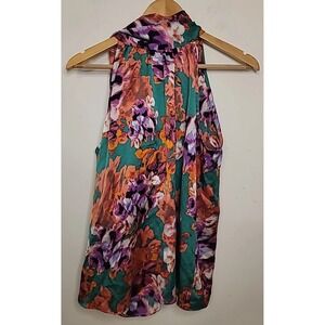 MISA LOS ANGELES Halter Top Sleeveless Tie Back Keyhole V Neck Blouse S Colorful